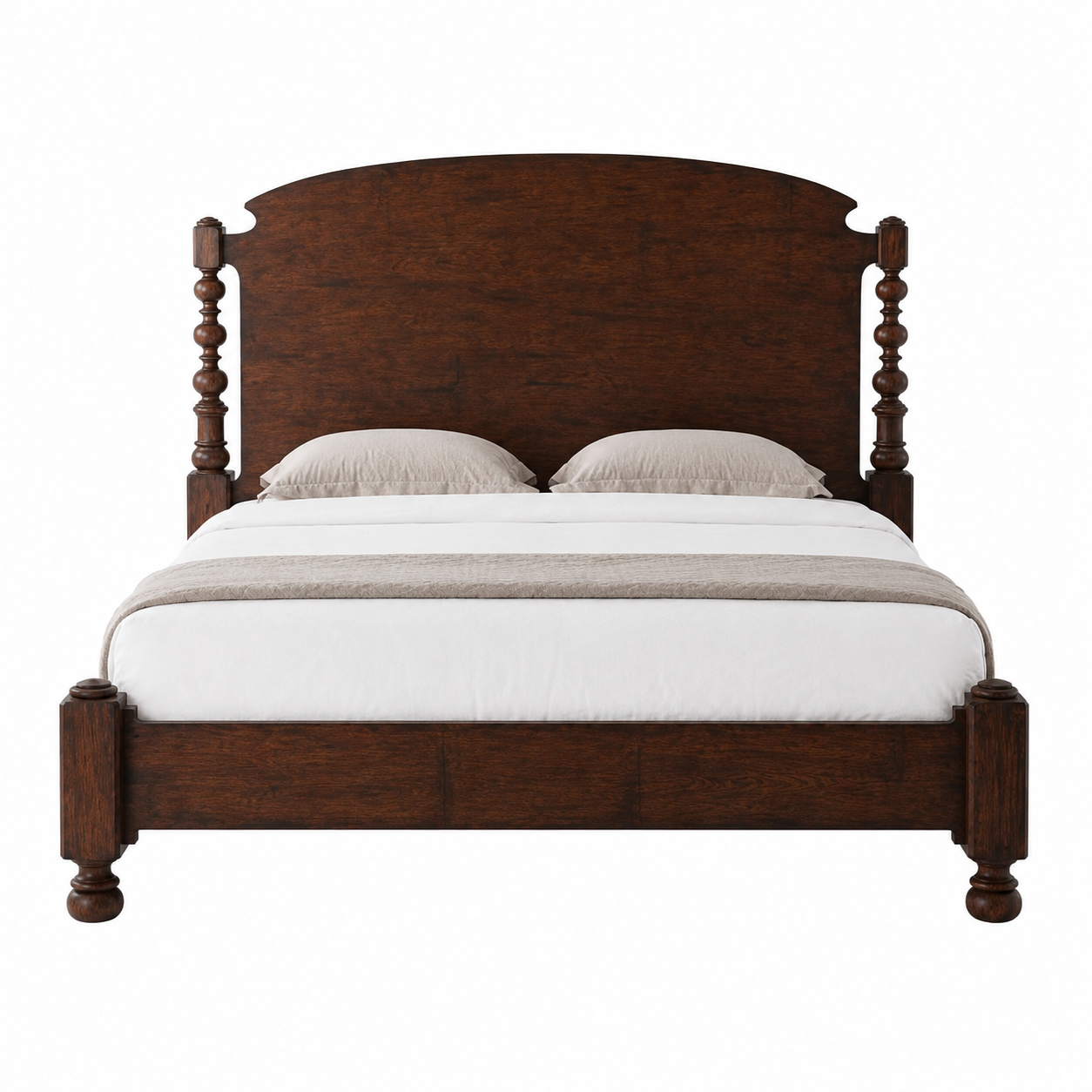 Teak Wood Bed Frame Arched Dome Headboard Classic Four Poster Bed with Bobbin Pillars