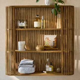 Solid Teak Wood Wall Shelf Fluted Linear Slatted Floating Unit 3 Tier Open Air Display Rack