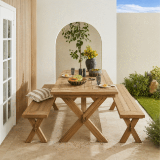 Luxury Solid Teak Wood Outdoor Picnic Dining Set Rectangular Trestle Table with 2 Long Benches