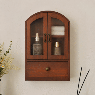 Luxury Solid Teak Wood Bathroom Wall Cabinet Arched Glass Door Skincare Showcase with Bottom Drawer