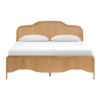 Gentle Ridge Teak Wood Bedstead Sun Wash Blonde Horizon Headrest Low Profile Floating Sleep Throne