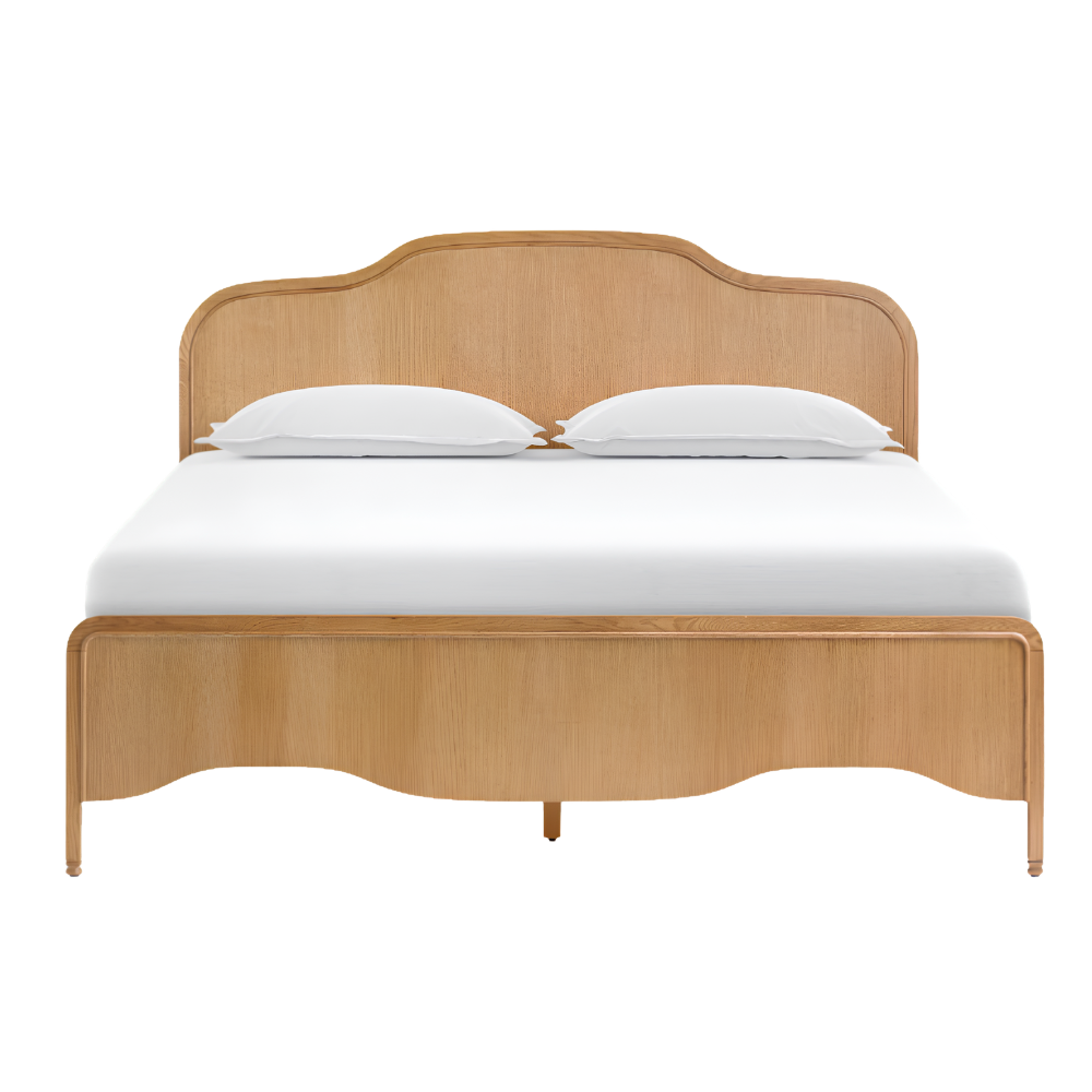Gentle Ridge Teak Wood Bedstead Sun Wash Blonde Horizon Headrest Low Profile Floating Sleep Throne
