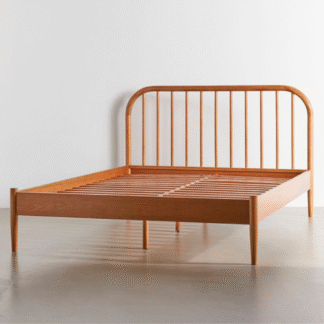 Luxury Solid Teak Wood Bed Frame Low Profile Platform Bed with Curved Spindle Headboard
