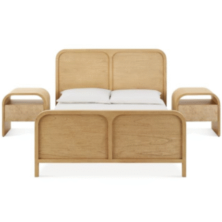Modern Japandi Teak Wood Platform Bed with Side Tables Organic Curved Master Bedstead Set