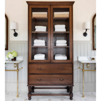 Classic Traditional Teak Wood Linen Cupboard Freestanding Multi Tier Towel Organizer with Turned Legs