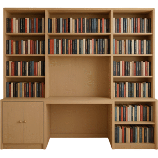 Modern Japandi Teak Wood Bookshelf Desk Combo Multi Tier Floating Look Library Cabinet Set