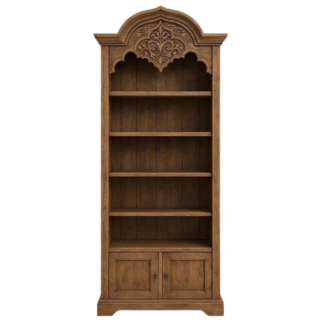Solid Teak Wood Bookcase Hand Carved Arched Dome Bookshelf with Lower Storage Cabinet