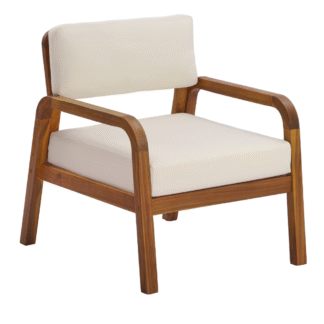 Solid Teak Wood Lounge Chair Thick Cream Cushions Single Seater Settee with Curved Wooden Armrests
