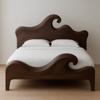 Deep Sea Surge Teak Wood Bedstead Artistic Tidal Swirl Headrest Asymmetric Wooden Sleep Sanctuary