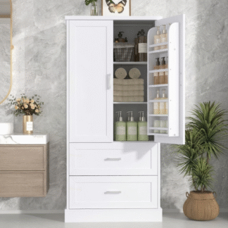 Modern Teak Wood Bathroom Storage Cabinet with Door Shelves and Double Drawer Organizer