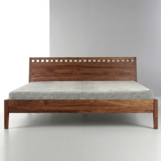 Grid Top Teak Wood Bedstead Open Shutter Box Headrest Low Floor Mattress Stand with Block Feet
