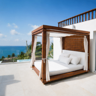 Luxury Solid Teak Outdoor Canopy Daybed with Curtains Modern Garden Patio Poolside Resort Hotel Day Bed Furniture