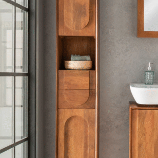 Teak Wood Bathroom Cabinet Tall Narrow Linen Tower with Open Center Alcove