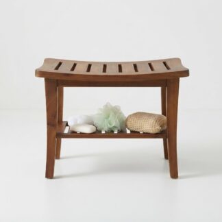 Solid Teak Wood Shower Bench with Storage Shelf Modern Bathroom Spa Stool for Hotel Villa Resort Waterproof Seat