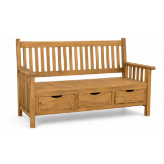 Teak Wood Outdoor Garden Bench with 3 Storage Drawers Slatted Back and Armrests for Patio Hotel Resort