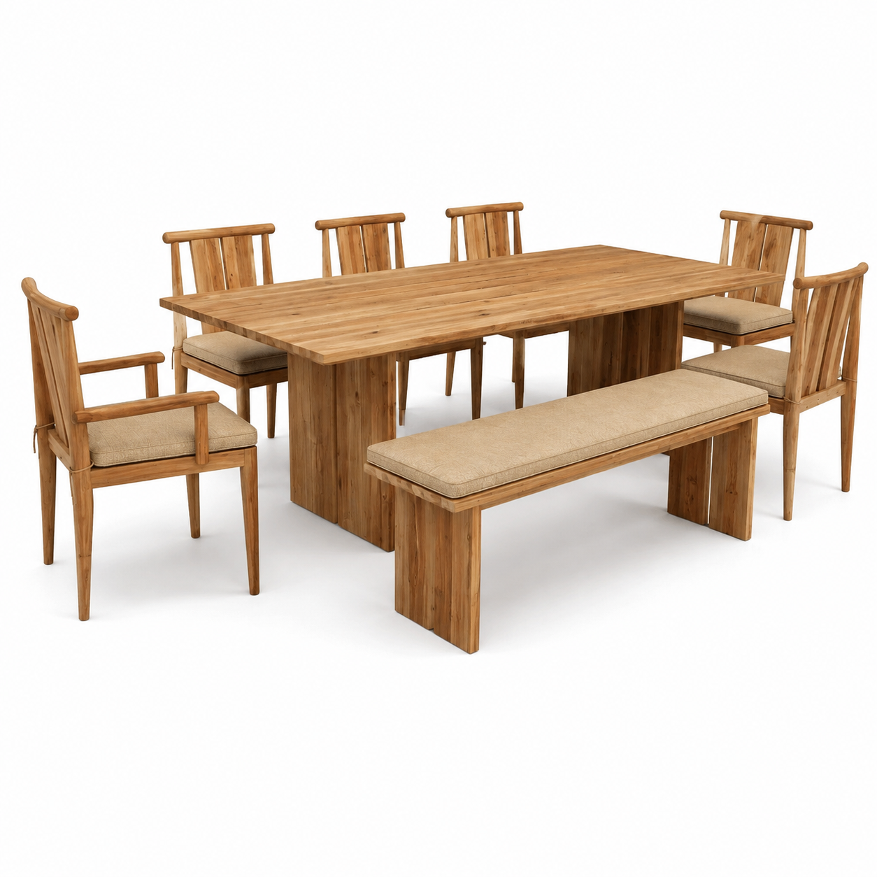 Luxury Solid Teak Wood Outdoor Dining Set with Bench and Armchairs for Hotel Villa Resort Garden Patio Picnic Furniture