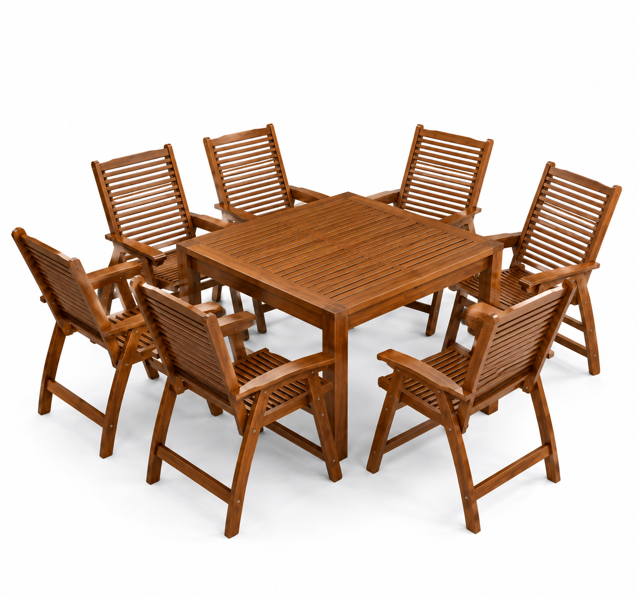 Modern Teak Wood Outdoor Dining Table Set with Slatted Square Table and 6 Armchairs for Patio Garden Villa Resort Hotel
