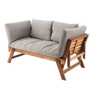 Teak Wood Daybed Convertible Folding Sofa Lounge Couch with Light Grey Cushion