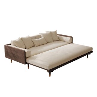Modern Solid Teak Wood Daybed with Upholstered Cushion Extended Lounge Platform and Contemporary Minimalist Design