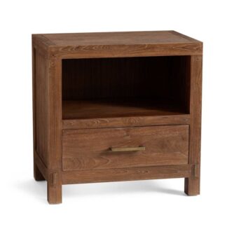 Brown Teak Wood Nightstand Open Upper Shelf 1 Drawer Bedside Table with Gold Brass Handle