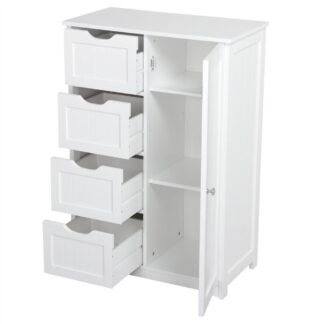 White Teak Wood Bathroom Cabinet 4 Drawer Linen Tower with Shaker Door Toiletry Storage Locker