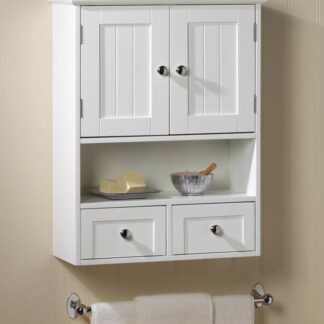 White Teak Wood Bathroom Cabinet Wall Mounted Shaker Double Doors Hanging Shelf with 2 Drawers