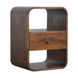 Luxury Brown Teak Wood Nightstand Rounded Corner Capsule 1 Drawer Bedside Table with Dual Open Shelves