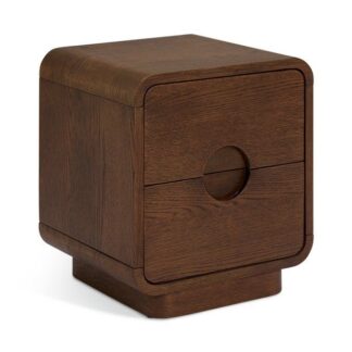 Dark Teak Wood Nightstand Rounded Cube 2 Drawer Bedside Table with Recessed Circle Handle
