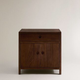 Dark Teak Wood Nightstand 1 Drawer 2 Door Bedside Table with Round Wood Knobs