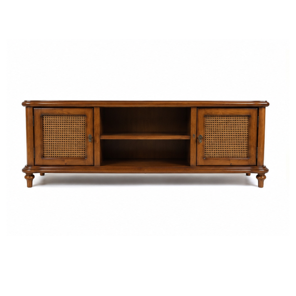 Modern Solid Teak Wood Rattan Cane TV Sideboard Cabinet Living Room Storage Console Media Sideboard Furniture