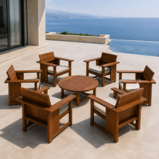 Solid Teak Wood Outdoor Lounge Chair Set with Round Coffee Table for Villa Resort Hotel Patio Garden