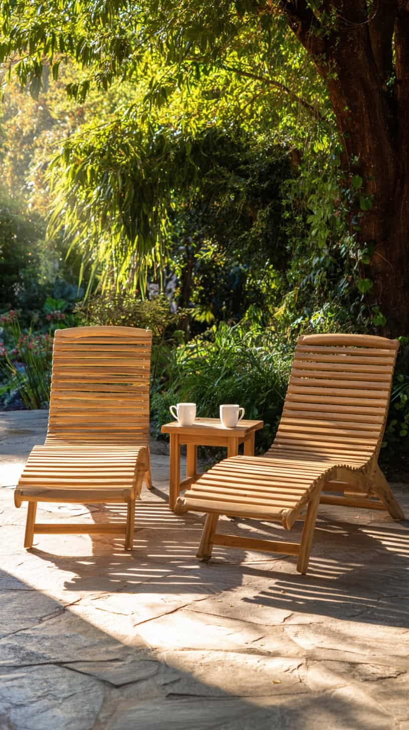 Solid Teak Wood Outdoor Sun Lounger Set 3 Piece Ergonomic Curved Patio Reclining Chairs with Side Table