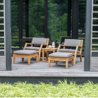 Solid Teak Wood Outdoor Lounge Chair Set 5 Piece Patio Recliner Armchairs with Ottoman and Side Table