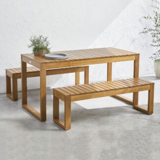 Solid Teak Wood Outdoor Dining Set Rectangular Patio Table with 2 Matching Bench Chairs