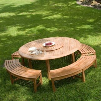 Solid Teak Wood Round Garden Dining Table Set with 4 Curved Backless Bench Chairs and Lazy Susan