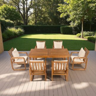 Slat Top Teak Wood Rectangular Dinner Table Set 6 Sled Base Cushion Armchairs for Wooden Deck
