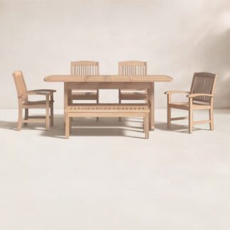 Solid Teak Wood Rectangular Outdoor Dining Set 6 Piece Slat Top Patio Table with Bench and Chairs