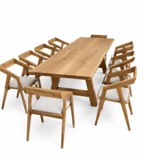 Solid Teak Wood Rectangular Outdoor Dining Table Set 10 Mid Century Cushion Armchairs for Patio