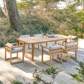 Solid Teak Wood Rectangular Outdoor Dining Table Set 6 Piece Blocky Frame Armchairs with Cushion