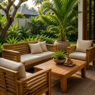Honey Glow Teak Wood Garden Conversation Set Blocky Plank Accent Sofa and Round End Tea Table