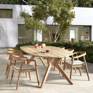 Premium Solid Teak Wood Outdoor Dining Set Large Oval Patio Table with 6 Curved Armchairs