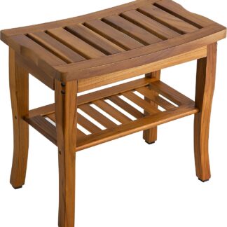 Teak Wood Outdoor Garden Bench with Slatted Design and Lower Shelf for Patio and Bathroom