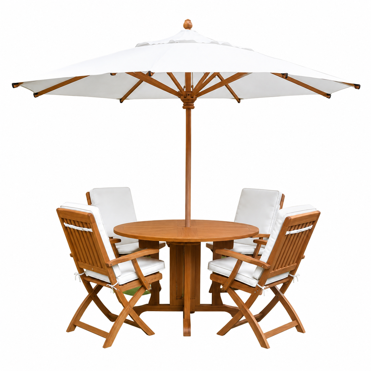 Luxury Teak Wood Outdoor Dining Set with Round Table 4 Folding Chairs and Large Patio Umbrella for Hotel Resort Garden