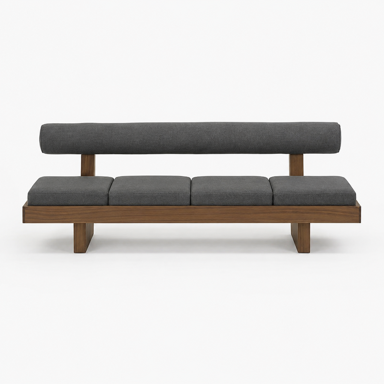 Teak Wood Daybed Cylindrical Bolster Backrest Lounge Sofa with 4 Partitioned Charcoal Cushions
