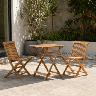Solid Teak Wood Outdoor Bistro Set 3 Piece Folding Garden Table with 2 Foldable Slatted Chairs