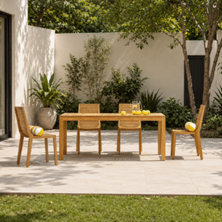 Premium Solid Teak Wood Outdoor Dining Set Rectangular Patio Table with 4 Armless Chairs