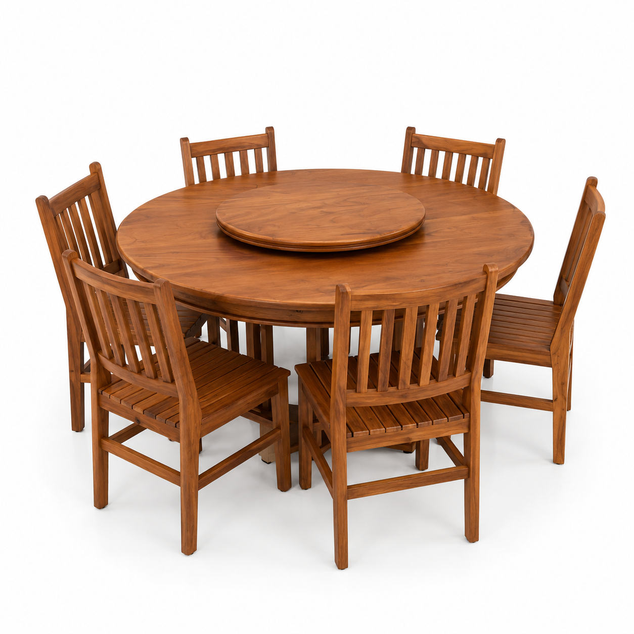 Modern Solid Teak Wood Round Outdoor Dining Table Set with Slatted Chairs Garden Patio Resort Hotel Villa Furniture