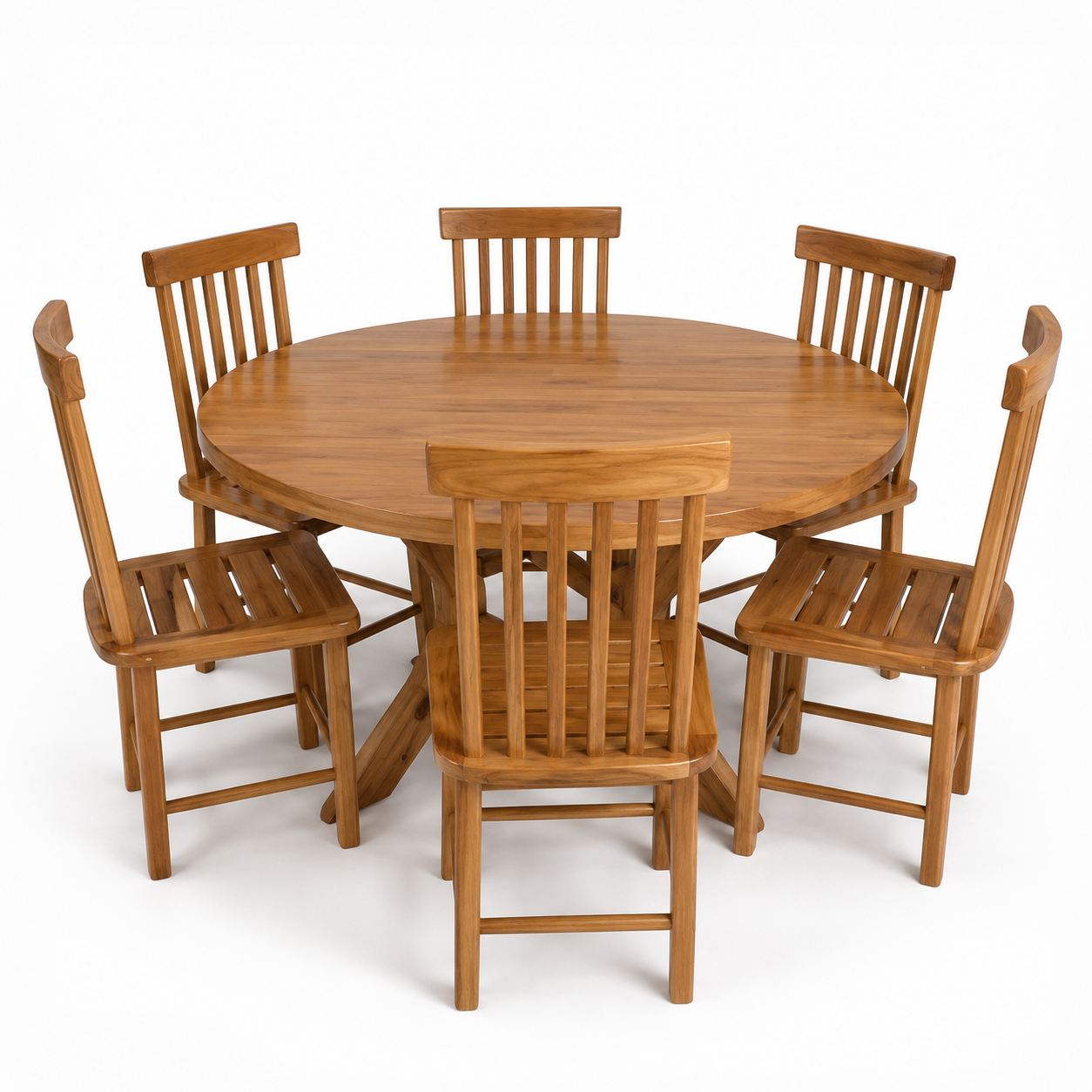 Natural Teak Wood Round Outdoor Dining Table Set with 6 Slatted Chairs for Garden Patio Resort Hotel