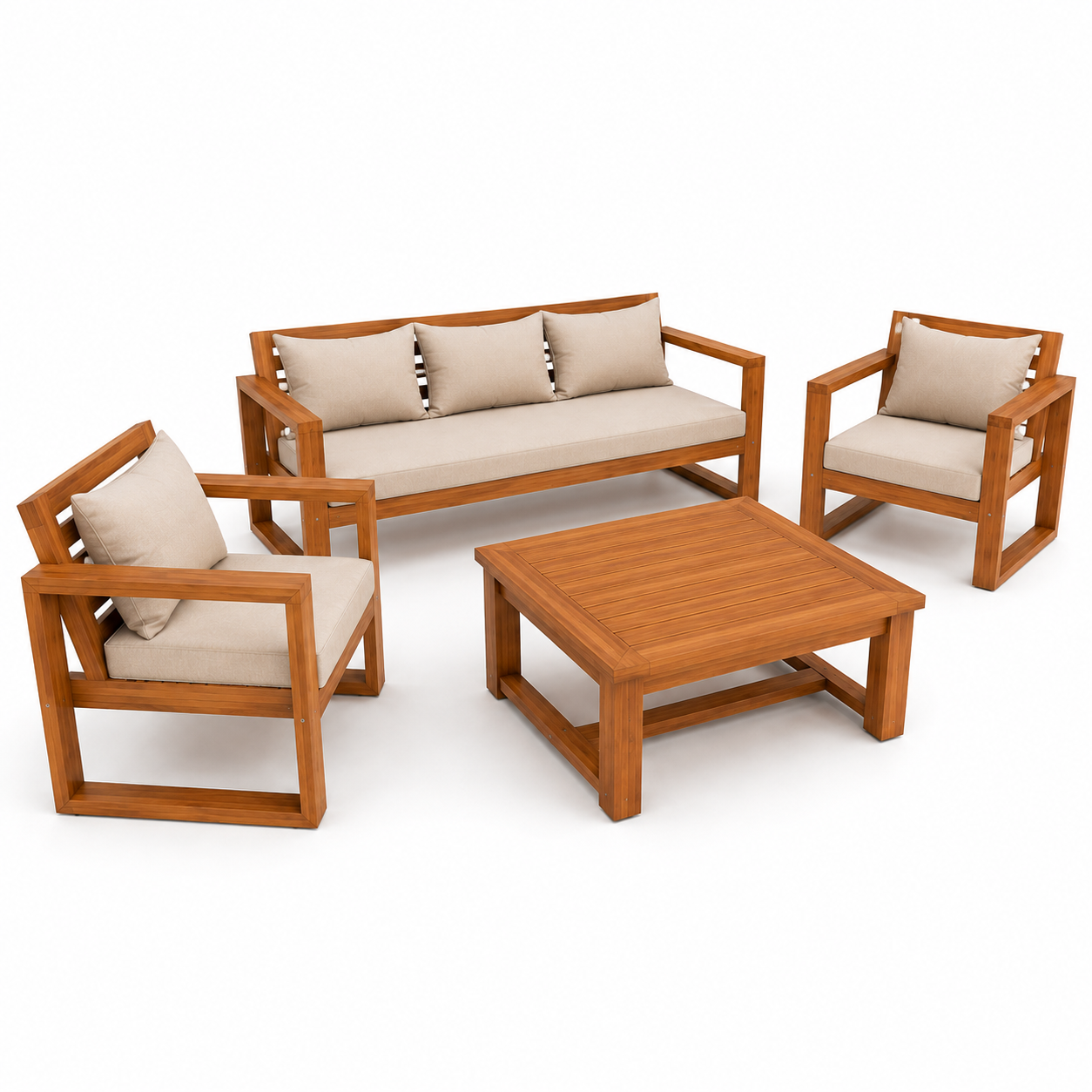 Modern Teak Wood Outdoor Patio Sofa Set with Cushions and Square Coffee Table for Garden Patio Villa Resort Hotel