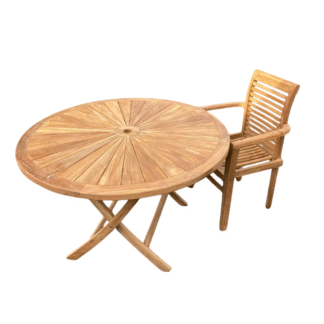 Solid Teak Wood Outdoor Round Dining Table with Slatted Armchair Garden Patio Poolside Restaurant Resort Furniture
